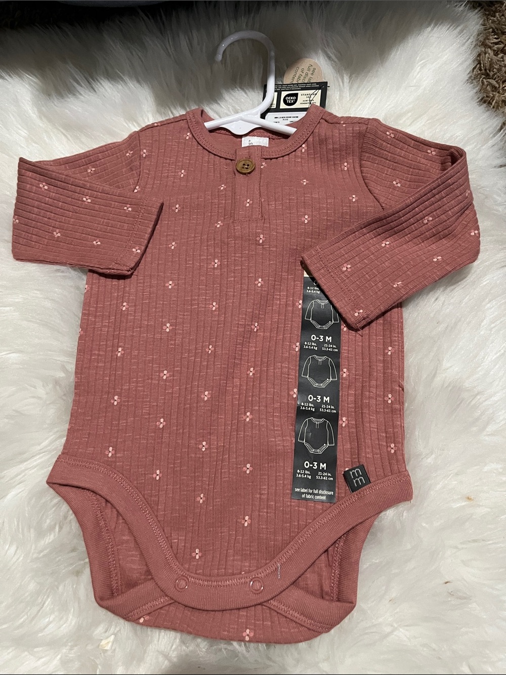 Long-Sleeve Ribbed Baby One-Piece Bodysuit in Dusty Rose